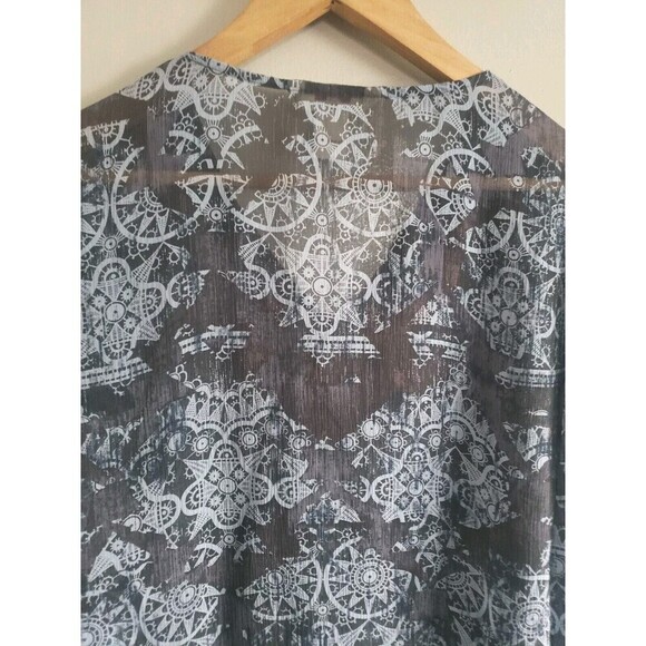 Sundace Silk Blouse  Blue Black Velvet Trim Bell Sleeve Semi-Sheer Women's 14 - Picture 7 of 8